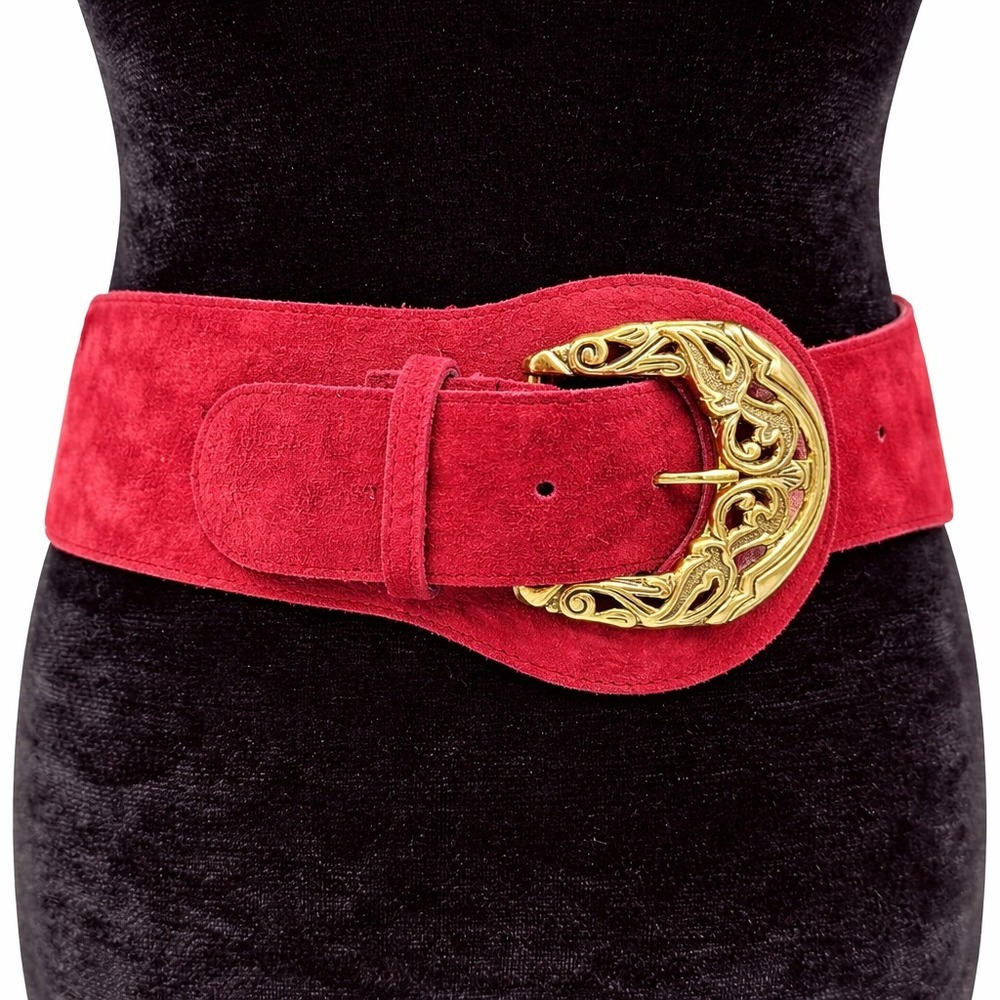Axcess Womens Gold Scroll Buckle Red Genuine Suede Leather Wide Belt Size ML